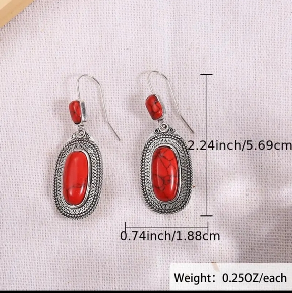 Vintage Drop Earrings Metal Engraved Pattern With Oval Cut Synthetic Gems. - Picture 3 of 6